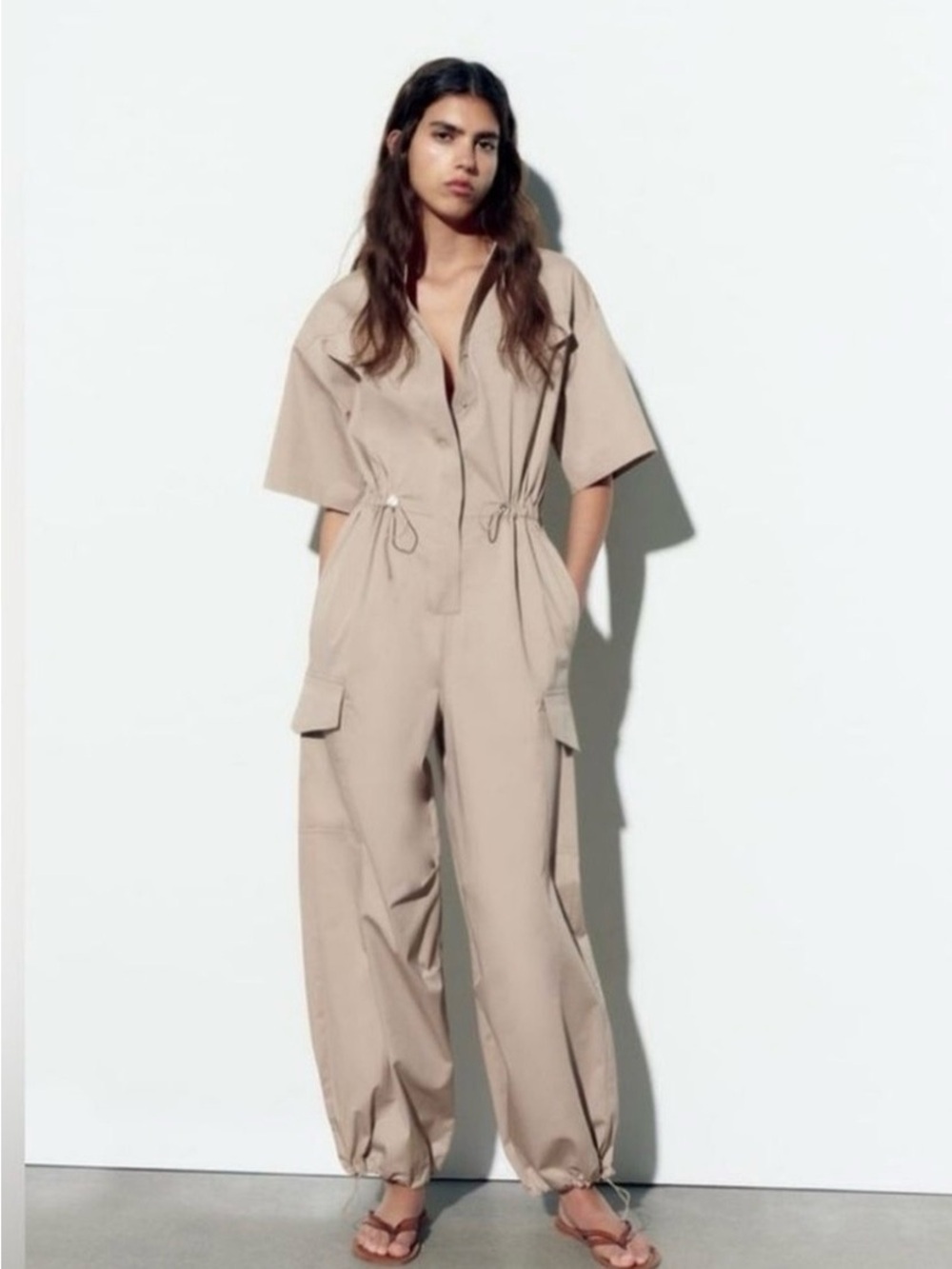 ZARA Sz M CARGO UTILITY GABARDINE JUMPSUIT Short Sleeves Snap Buttons Bungee Hem